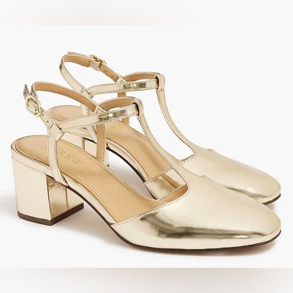 NIB J Crew Ankle T- Strap Heel Gold NEW size 8 - Picture 1 of 13